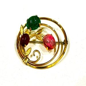 VTG Krementz 14 KT Gold Overlay Genuine Stone Carved Scarabs Round Floral Brooch